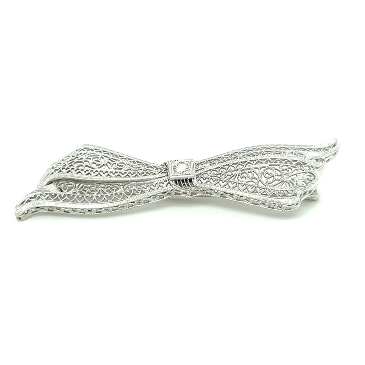 Estate 14K White Gold 0.07CTW Diamond Art Deco Filigree Bow Brooch