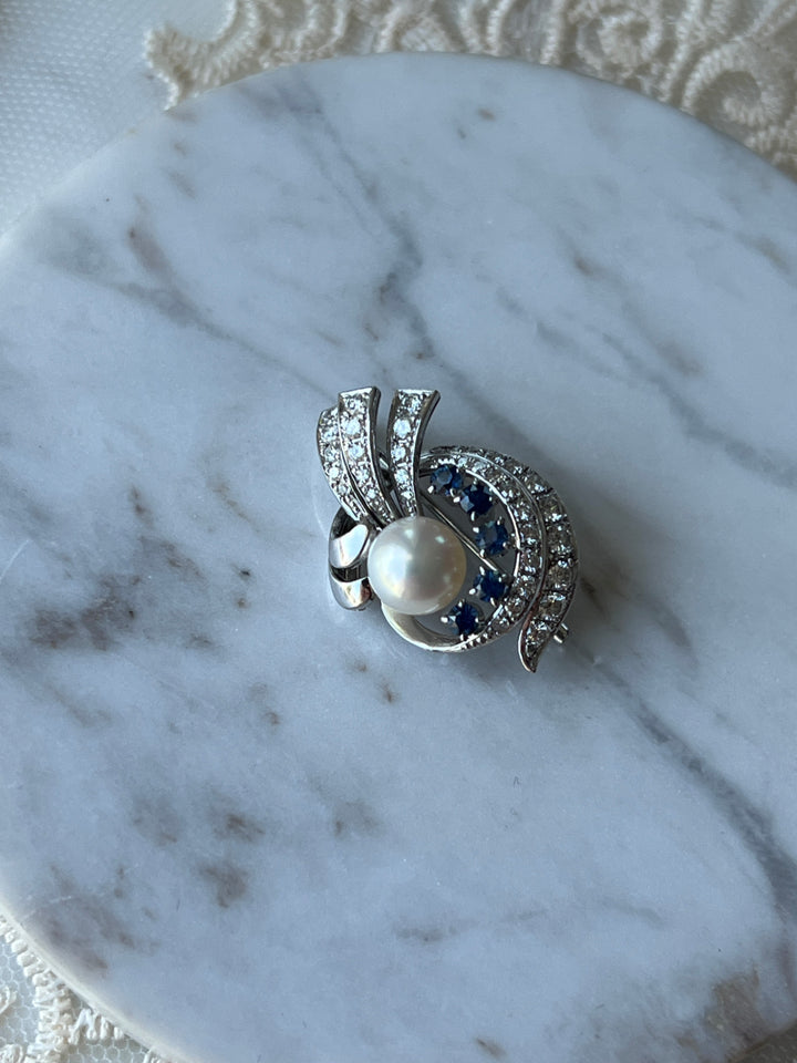 Estate 14K White Gold 1.36CTW Diamond, Sapphire and Pearl Vintage Spray Brooch