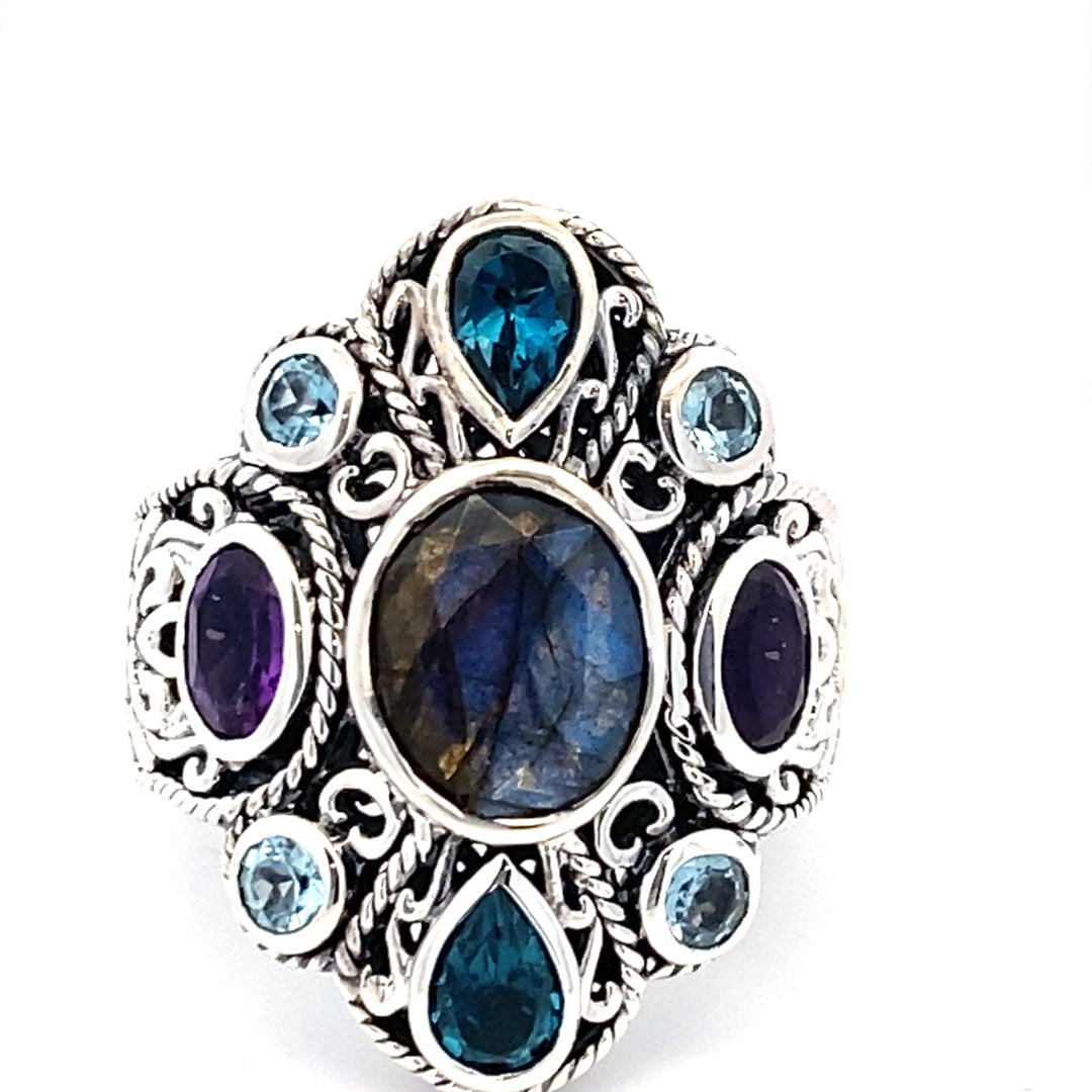 Sterling Silver Multi Gemstone Balinese Ring by Samuel B.