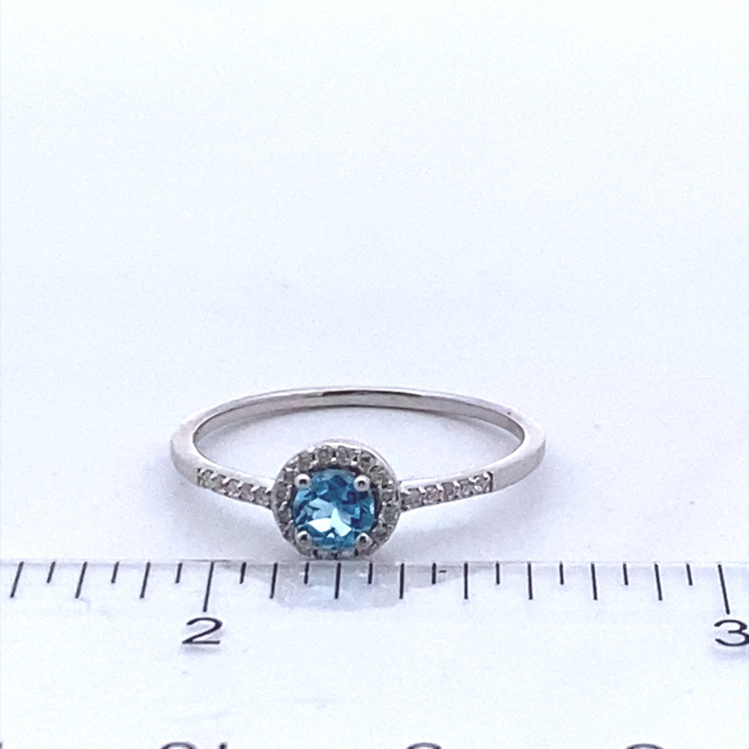 14K White Gold 0.65CTW Blue Topaz & Diamond Halo Ring by Samuel B.