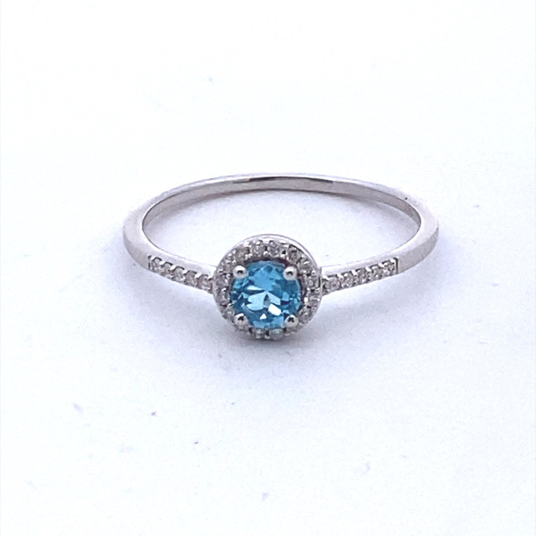 14K White Gold 0.65CTW Blue Topaz & Diamond Halo Ring by Samuel B.