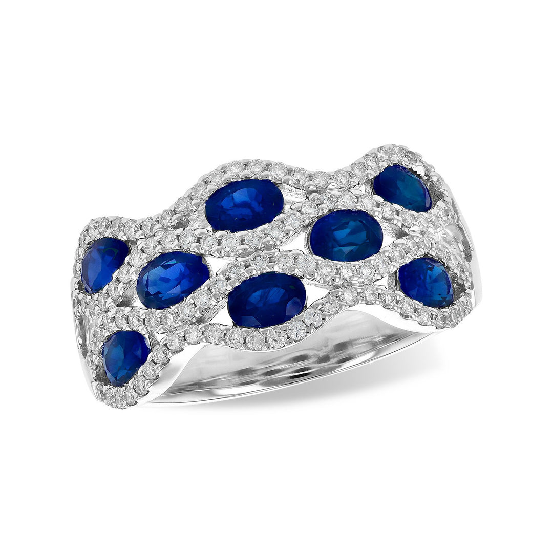 14K White Gold 2.18CTW Oval Blue Sapphire & Diamond Multi Row Ring by Allison Kaufman