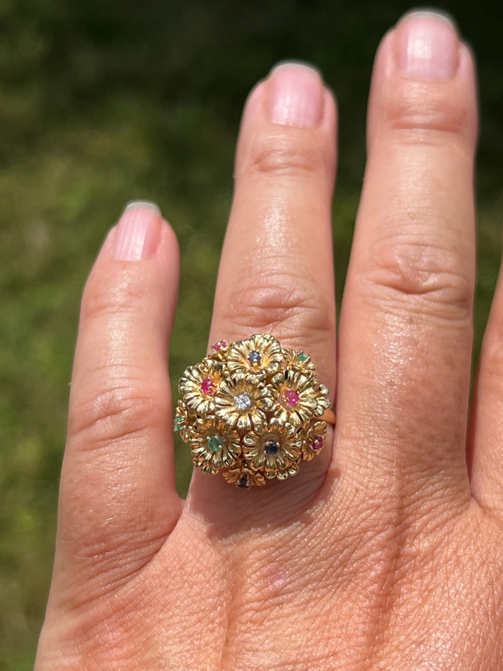 Estate 18K Yellow Gold Blue Sapphire, Ruby, Emerald & Diamond Flower Ring