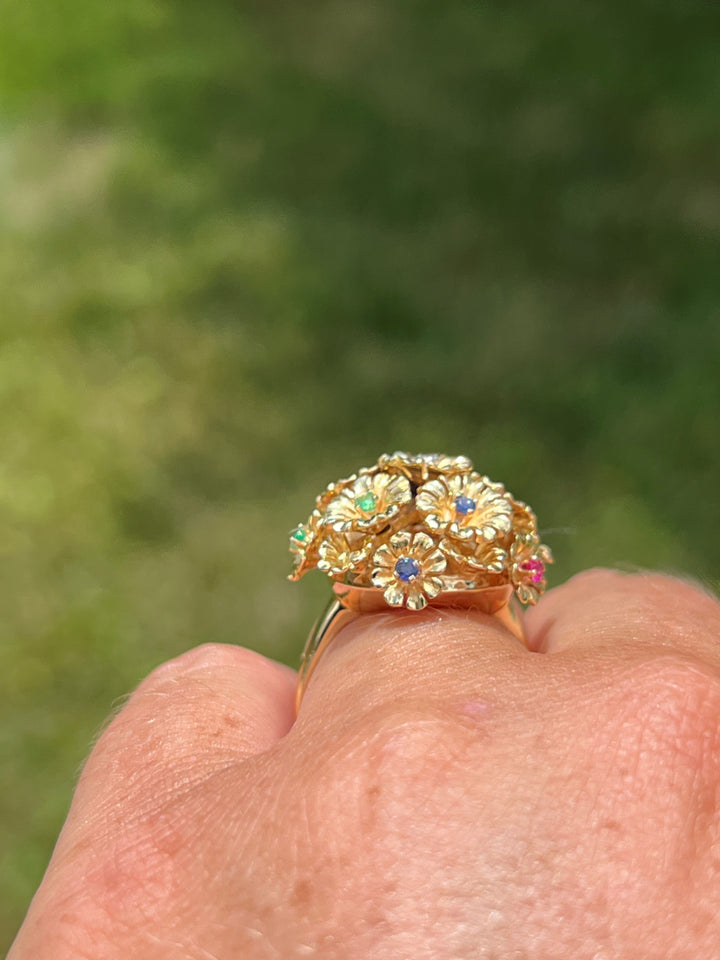 Estate 18K Yellow Gold Blue Sapphire, Ruby, Emerald & Diamond Flower Ring