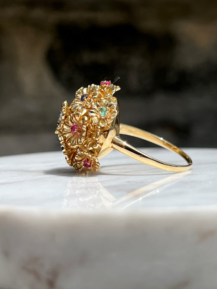 Estate 18K Yellow Gold Blue Sapphire, Ruby, Emerald & Diamond Flower Ring