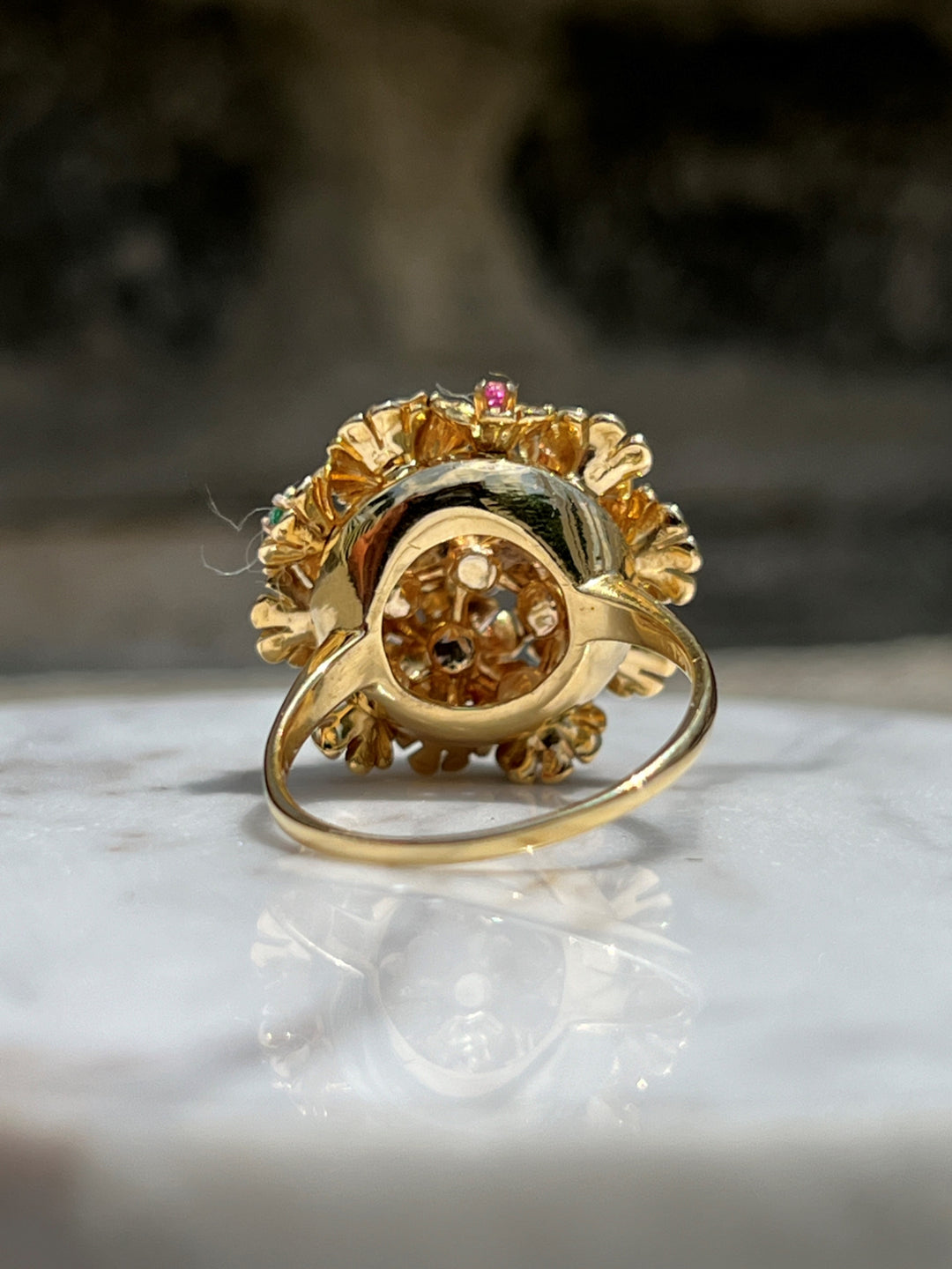 Estate 18K Yellow Gold Blue Sapphire, Ruby, Emerald & Diamond Flower Ring