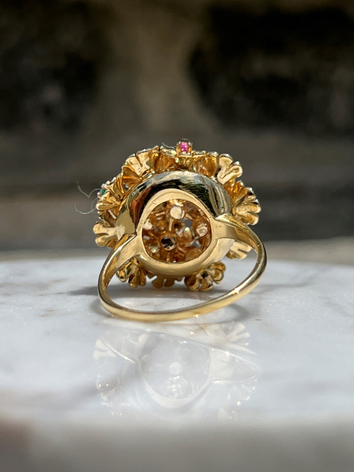 Estate 18K Yellow Gold Blue Sapphire, Ruby, Emerald & Diamond Flower Ring