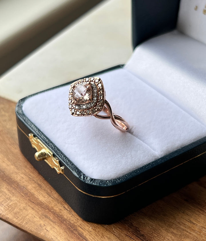 Estate 14K Rose Gold 1.22CTW Cushion Morganite & Diamond Halo Ring