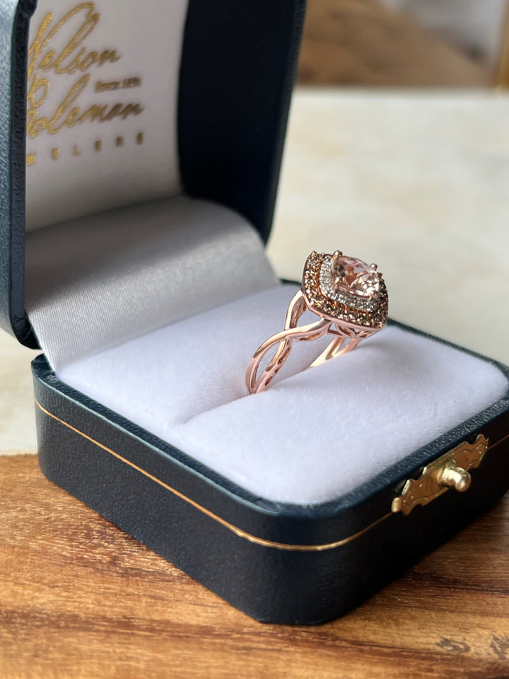 Estate 14K Rose Gold 1.22CTW Cushion Morganite & Diamond Halo Ring