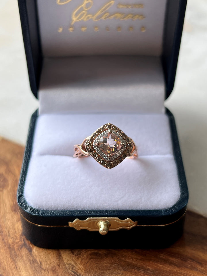 Estate 14K Rose Gold 1.22CTW Cushion Morganite & Diamond Halo Ring