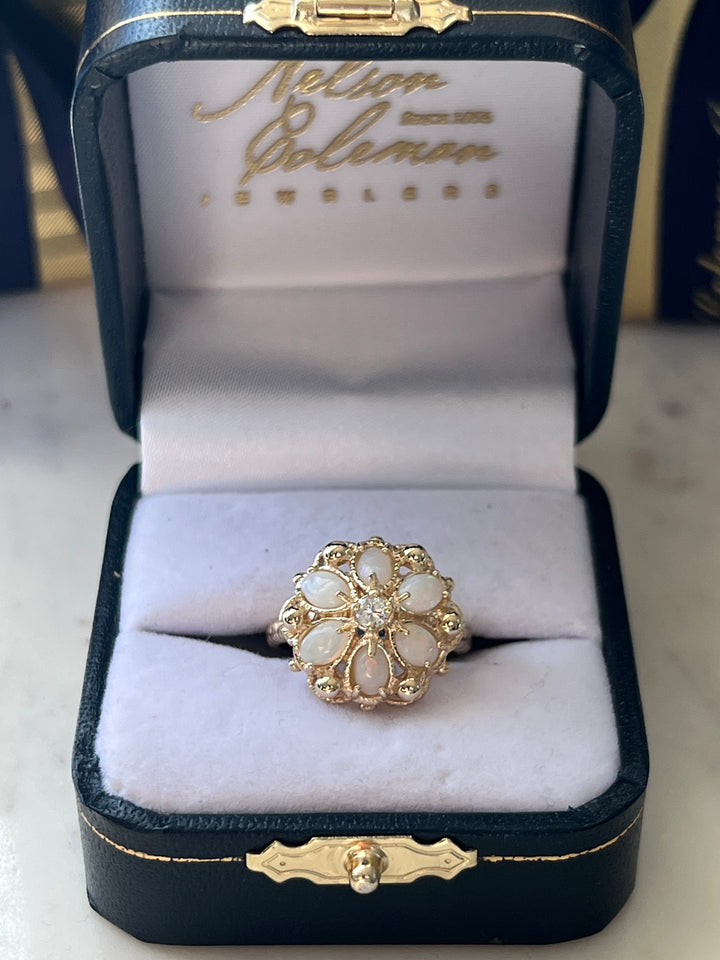 Estate 14KT Yellow Gold Opal and Diamond Flower Ring, ca. 1960's