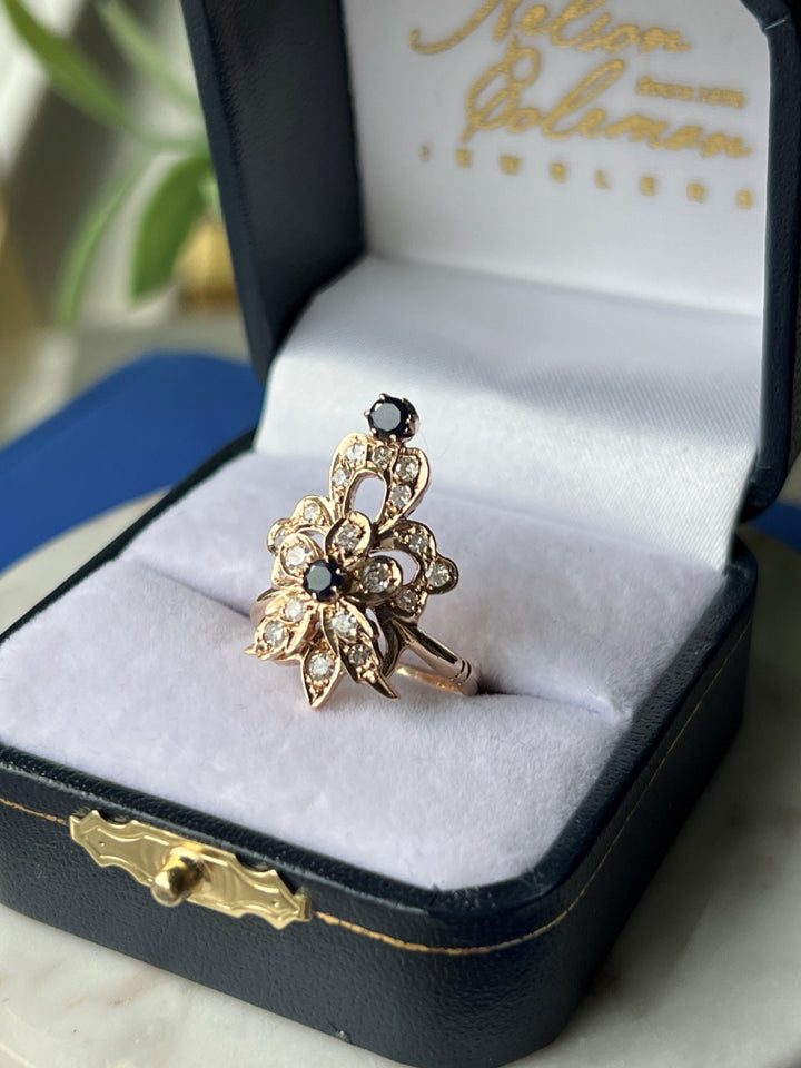 Estate 14K Yellow Gold 0.85CTW Diamond and Sapphire Antique-Style Floral Ring