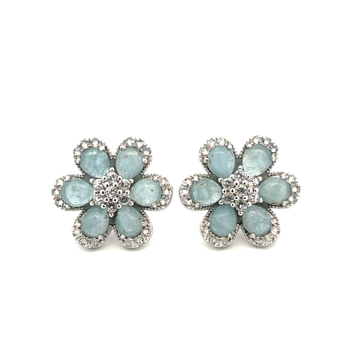 Sterling Silver Aquamarine & White Topaz Flower Stud Earrings by Samuel B.
