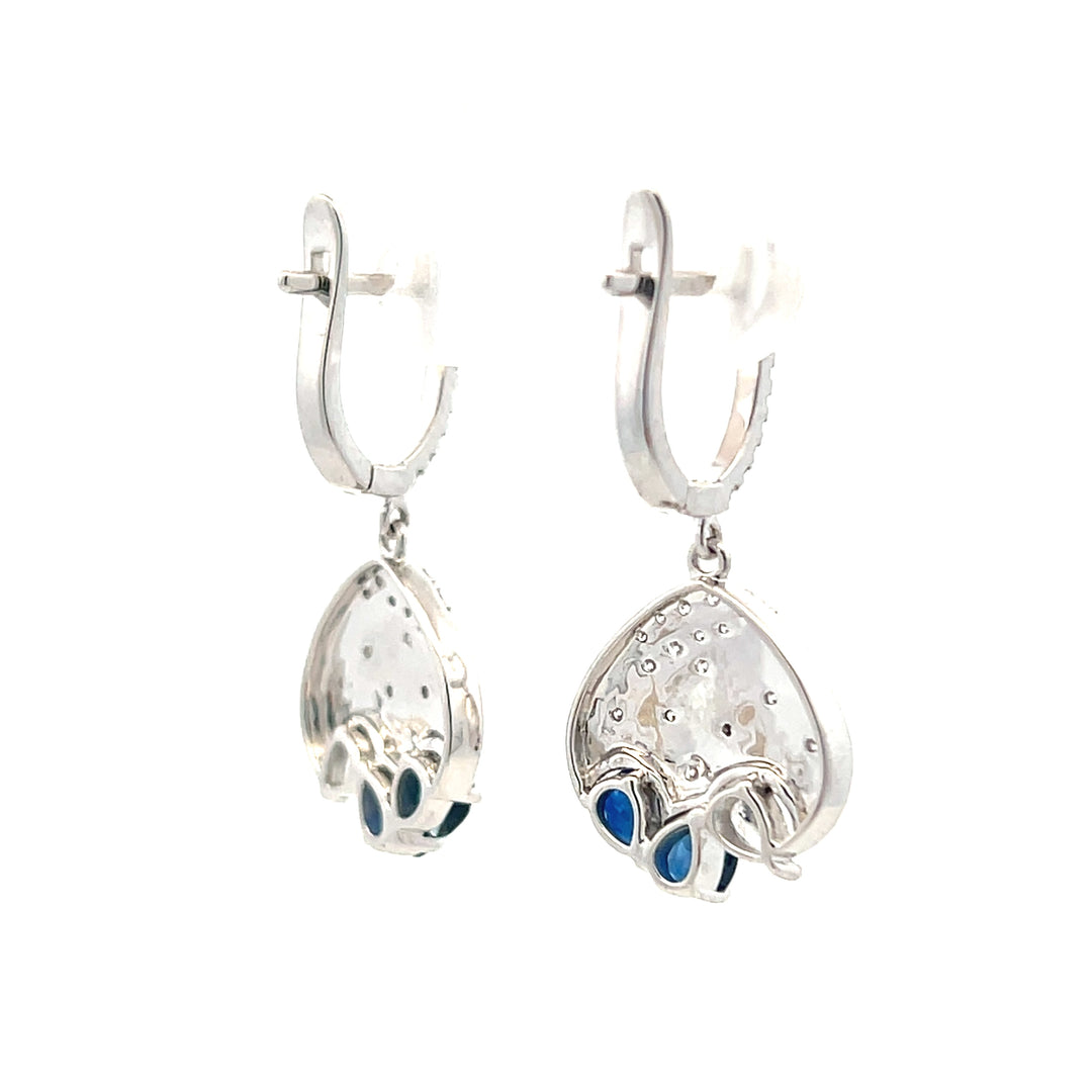 14K White Gold 1.23CTW Blue Sapphire & Diamond Cluster Drop Earrings