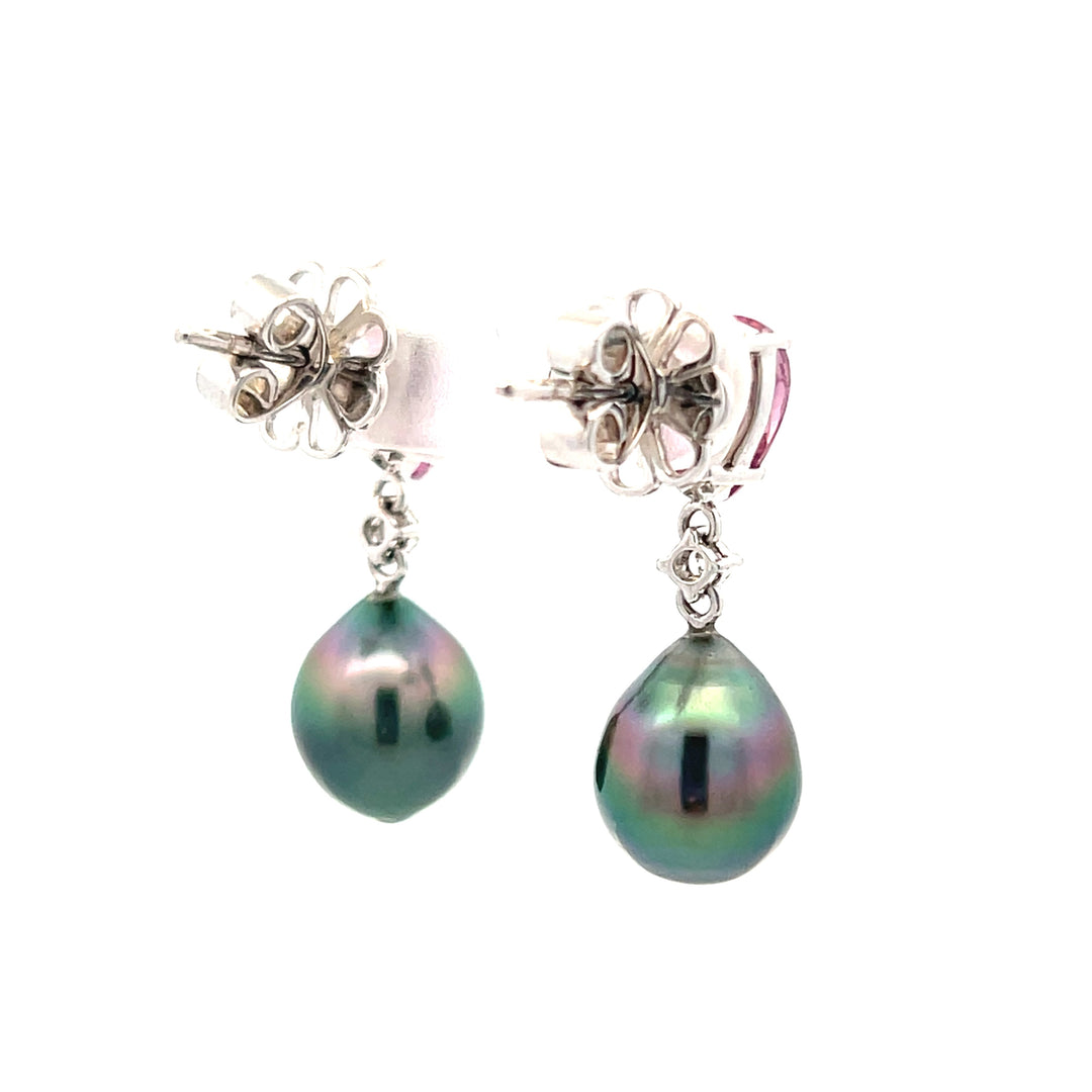 14K White Gold Tahitian Pearl, Garnet & Diamond Drop Earrings