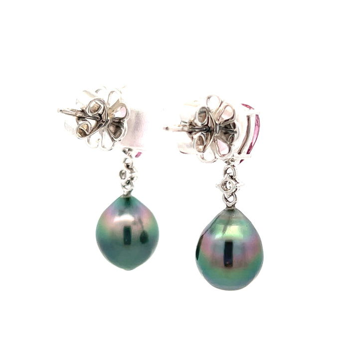 14K White Gold Tahitian Pearl, Garnet & Diamond Drop Earrings
