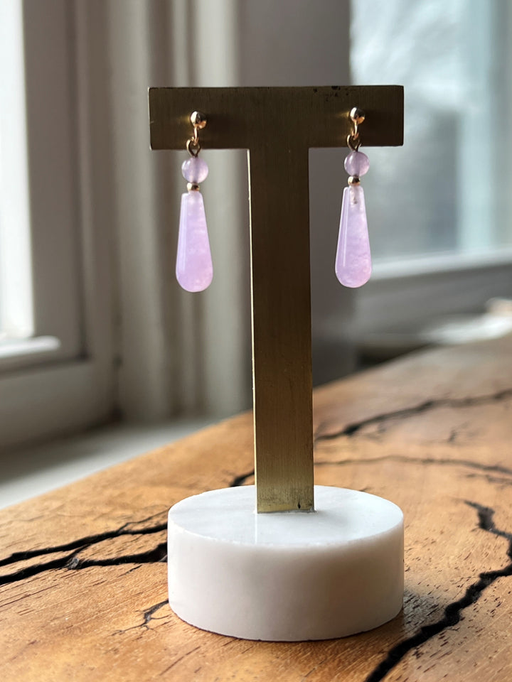 Estate 10K Yellow Gold Dyed Purple Jadeite Drop Earrings