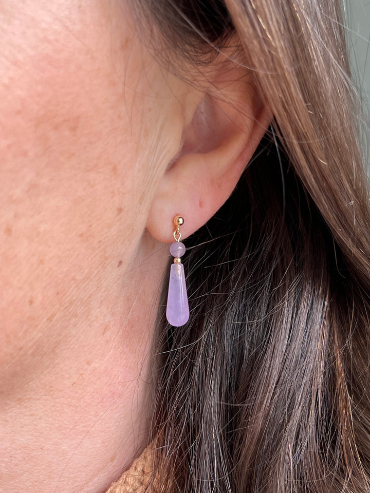Estate 10K Yellow Gold Dyed Purple Jadeite Drop Earrings
