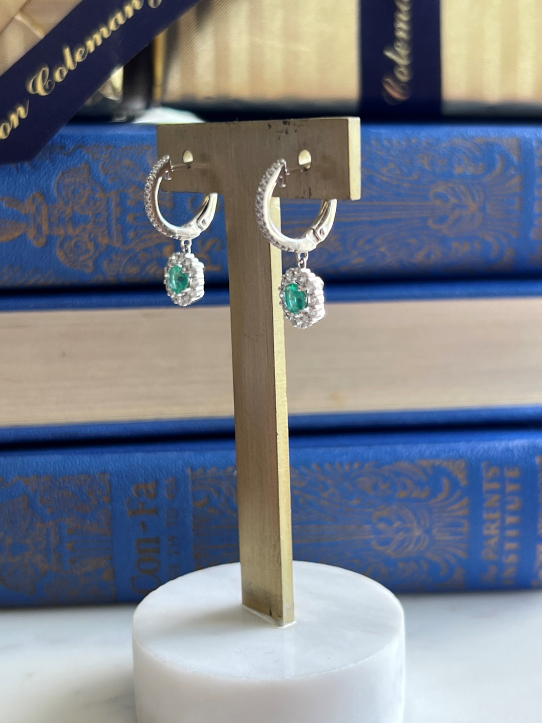 Estate 14K White Gold 1.01CTW Emerald & Diamond Halo Drop Earrings