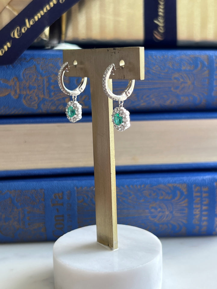 Estate 14K White Gold 1.01CTW Emerald & Diamond Halo Drop Earrings