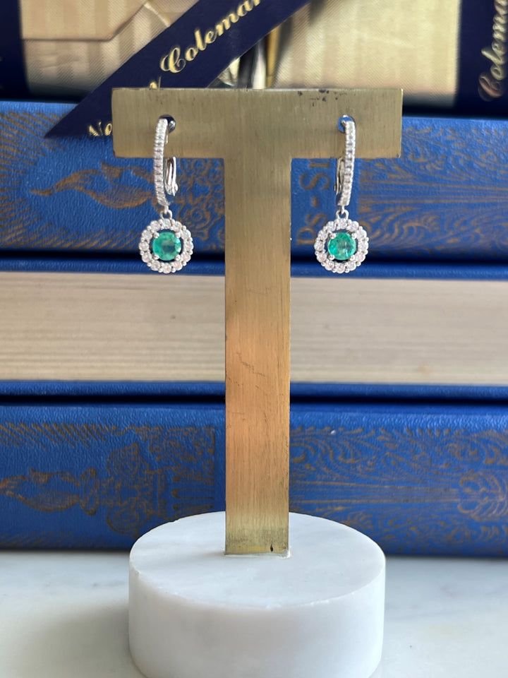 Estate 14K White Gold 1.01CTW Emerald & Diamond Halo Drop Earrings