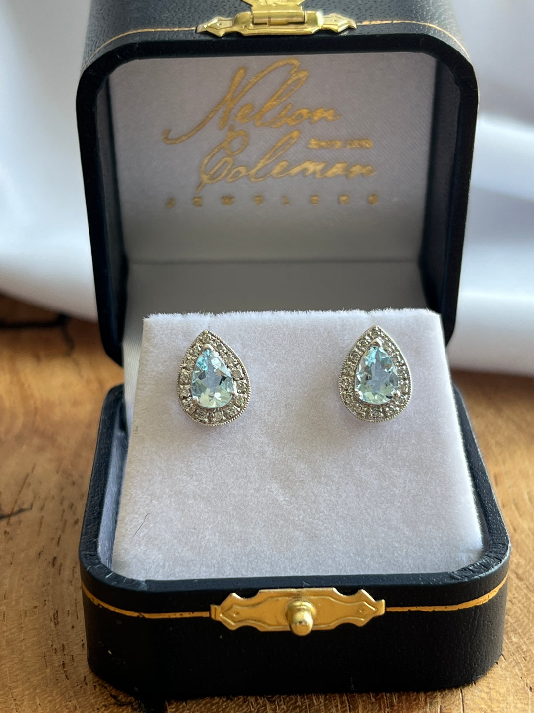 Estate 14K White Gold 1.50CTW Pear-Shaped Aquamarine & Diamond Halo Stud Earrings