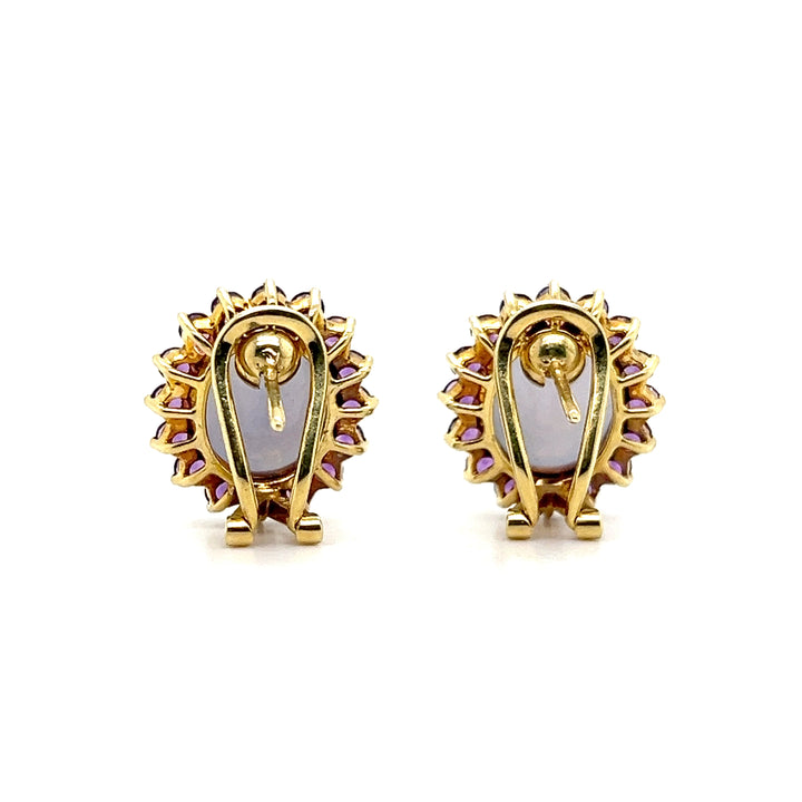 Estate 14K Yellow Gold Lavender Jadeite and Amethyst Halo Stud Earrings