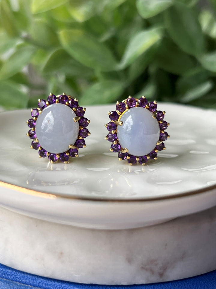 Estate 14K Yellow Gold Lavender Jadeite and Amethyst Halo Stud Earrings