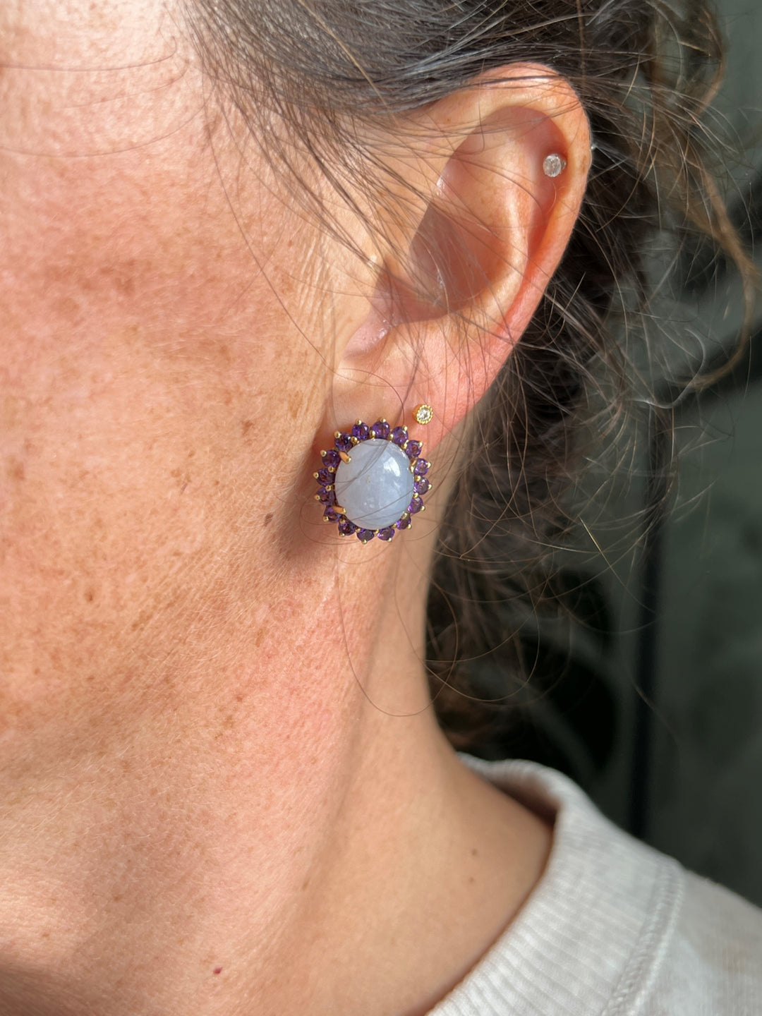 Estate 14K Yellow Gold Lavender Jadeite and Amethyst Halo Stud Earrings