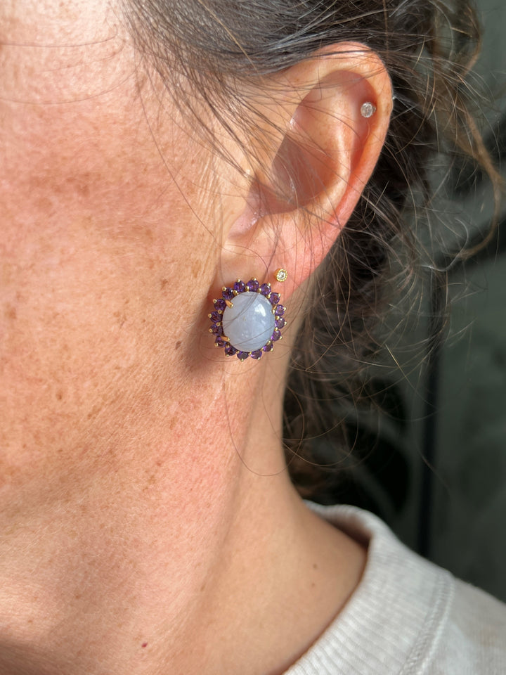 Estate 14K Yellow Gold Lavender Jadeite and Amethyst Halo Stud Earrings