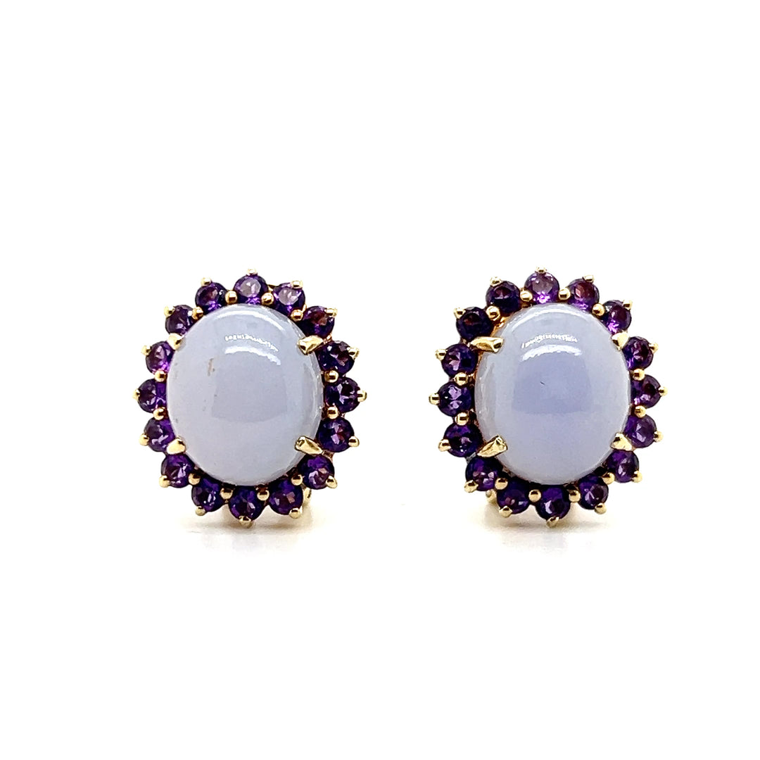 Estate 14K Yellow Gold Lavender Jadeite and Amethyst Halo Stud Earrings