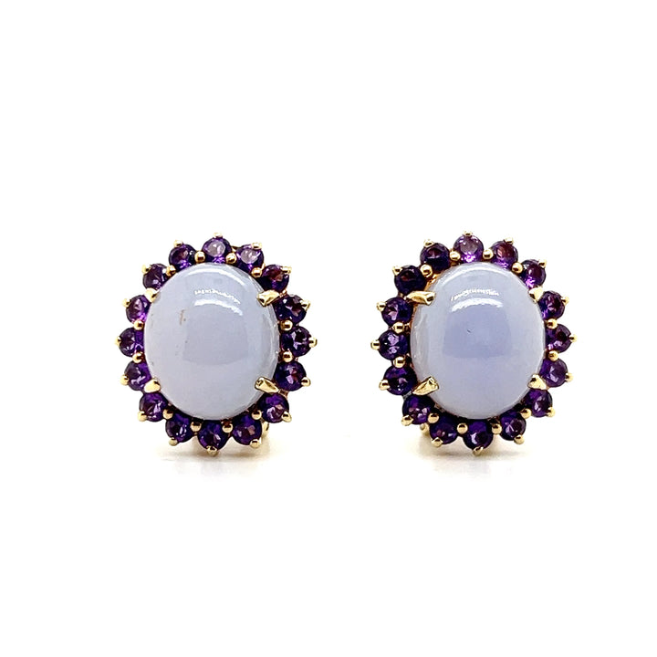 Estate 14K Yellow Gold Lavender Jadeite and Amethyst Halo Stud Earrings
