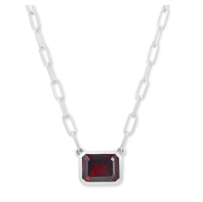 Sterling Silver Emerald Cut Garnet Solitaire Necklace by Samuel B.