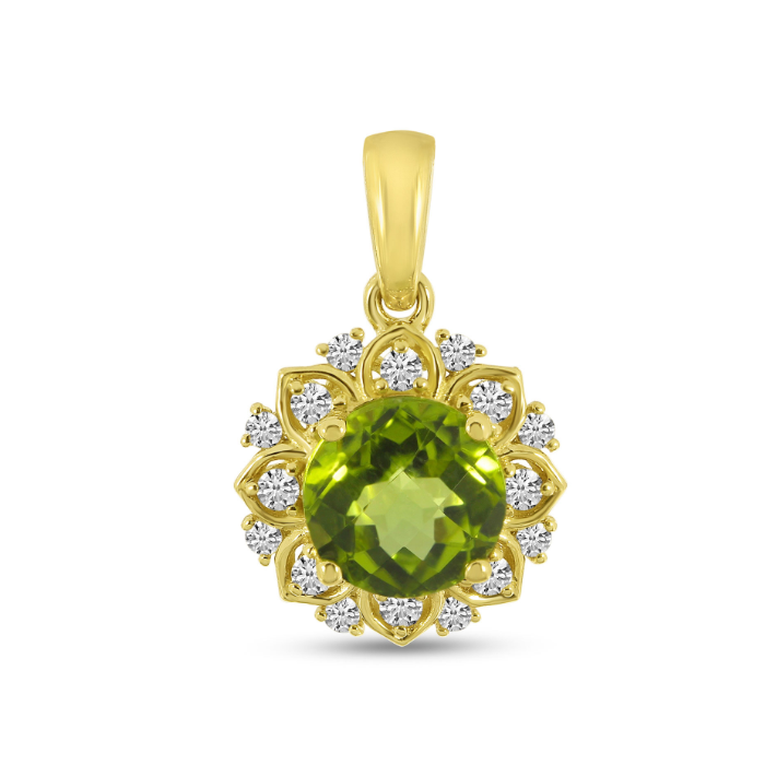 14K Yellow Gold Peridot & Diamond Flower Halo Pendant by Brevani