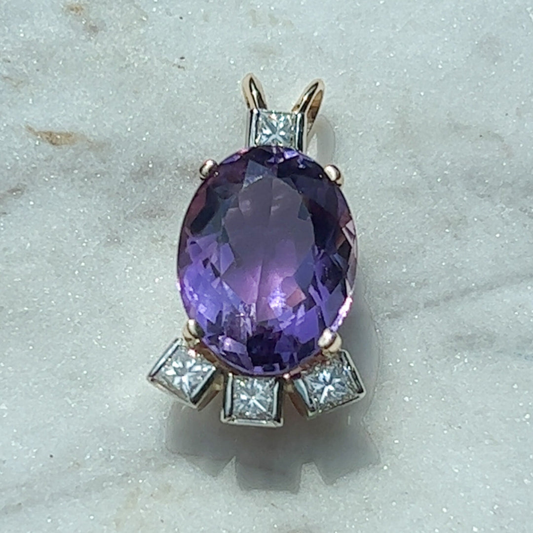 Estate 14K Two-Tone Gold Oval Amethyst & Diamond Pendant
