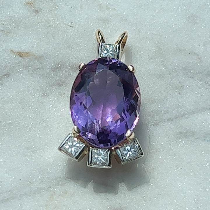 Estate 14K Two-Tone Gold Oval Amethyst & Diamond Pendant