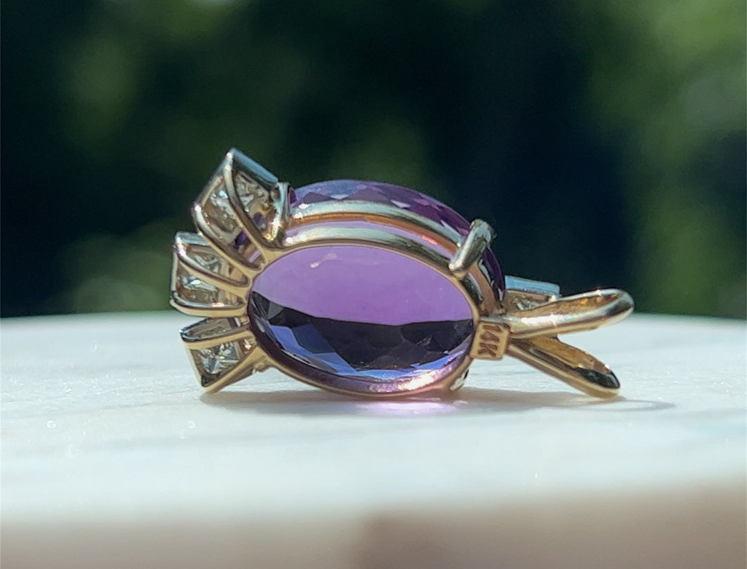 Estate 14K Two-Tone Gold Oval Amethyst & Diamond Pendant