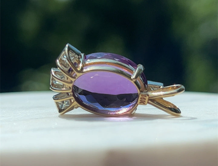 Estate 14K Two-Tone Gold Oval Amethyst & Diamond Pendant