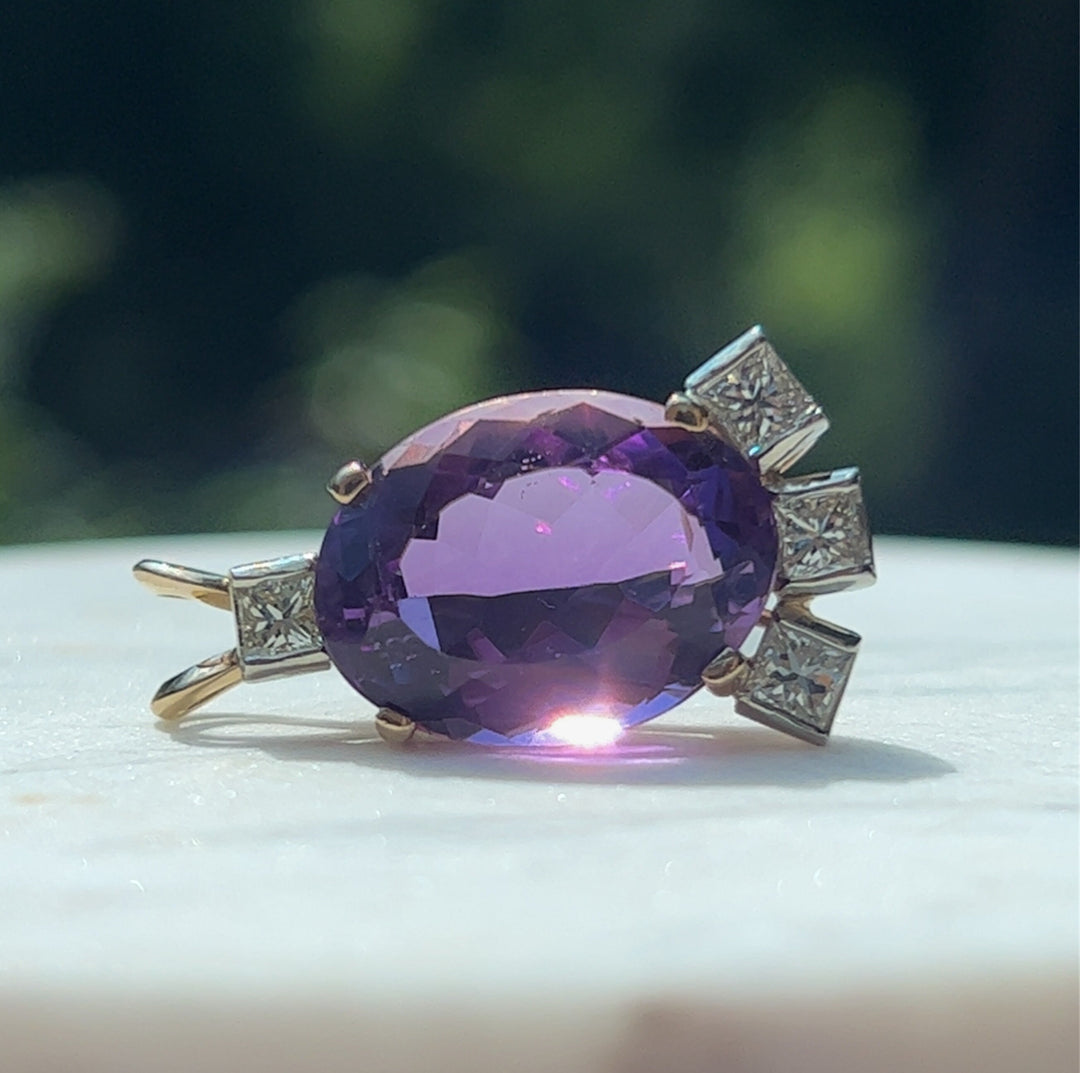 Estate 14K Two-Tone Gold Oval Amethyst & Diamond Pendant