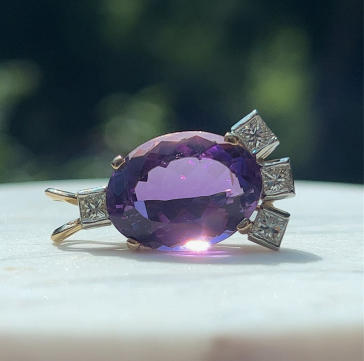 Estate 14K Two-Tone Gold Oval Amethyst & Diamond Pendant