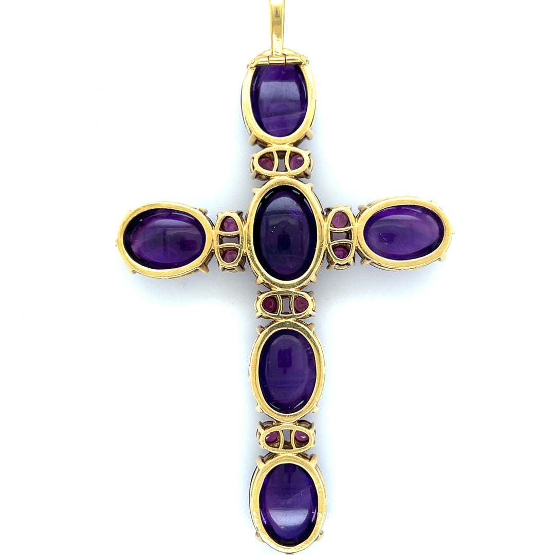Estate 18K Yellow Gold 61.9TCW Amethyst & Pink Tourmaline Victorian Cross Pendant