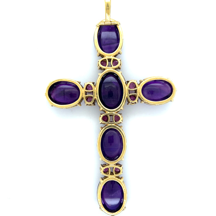 Estate 18K Yellow Gold 61.9TCW Amethyst & Pink Tourmaline Victorian Cross Pendant