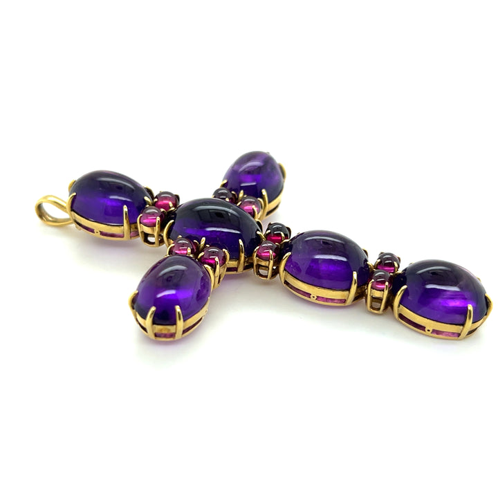 Estate 18K Yellow Gold 61.9TCW Amethyst & Pink Tourmaline Victorian Cross Pendant
