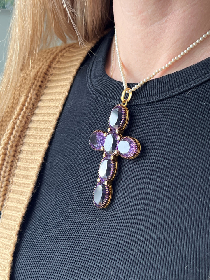 Estate 14K Yellow Gold 66.96TCW Amethyst & Seed Pearl Victorian Cross Pendant