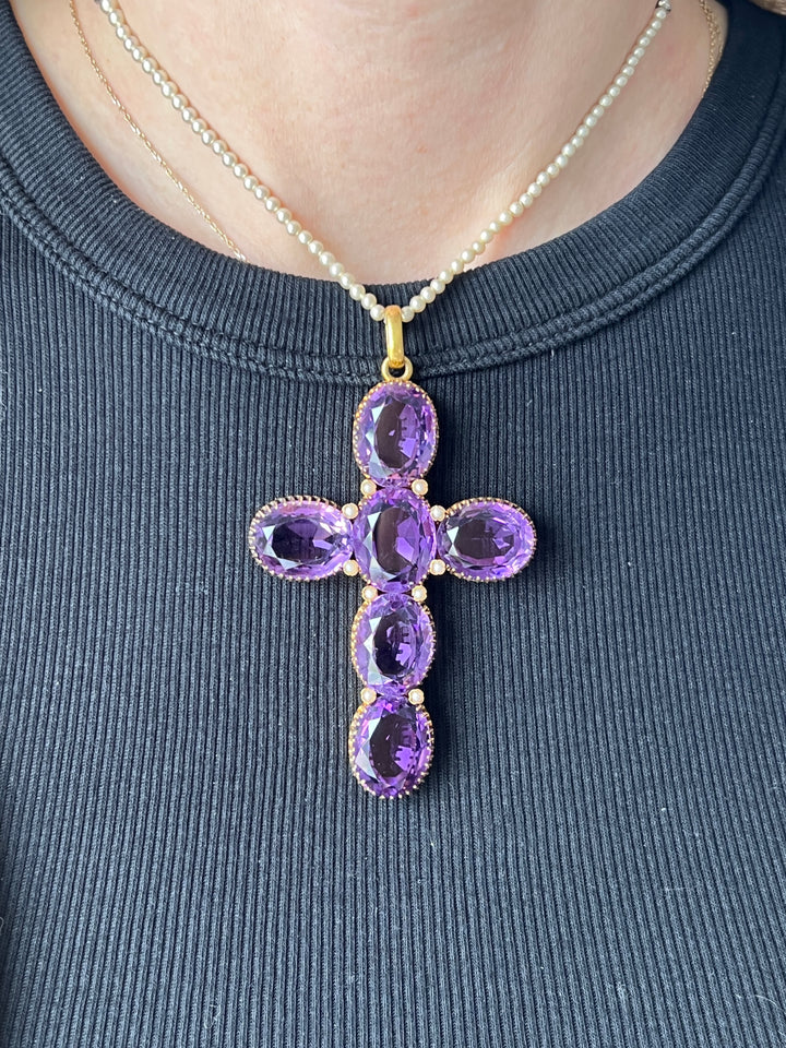 Estate 14K Yellow Gold 66.96TCW Amethyst & Seed Pearl Victorian Cross Pendant