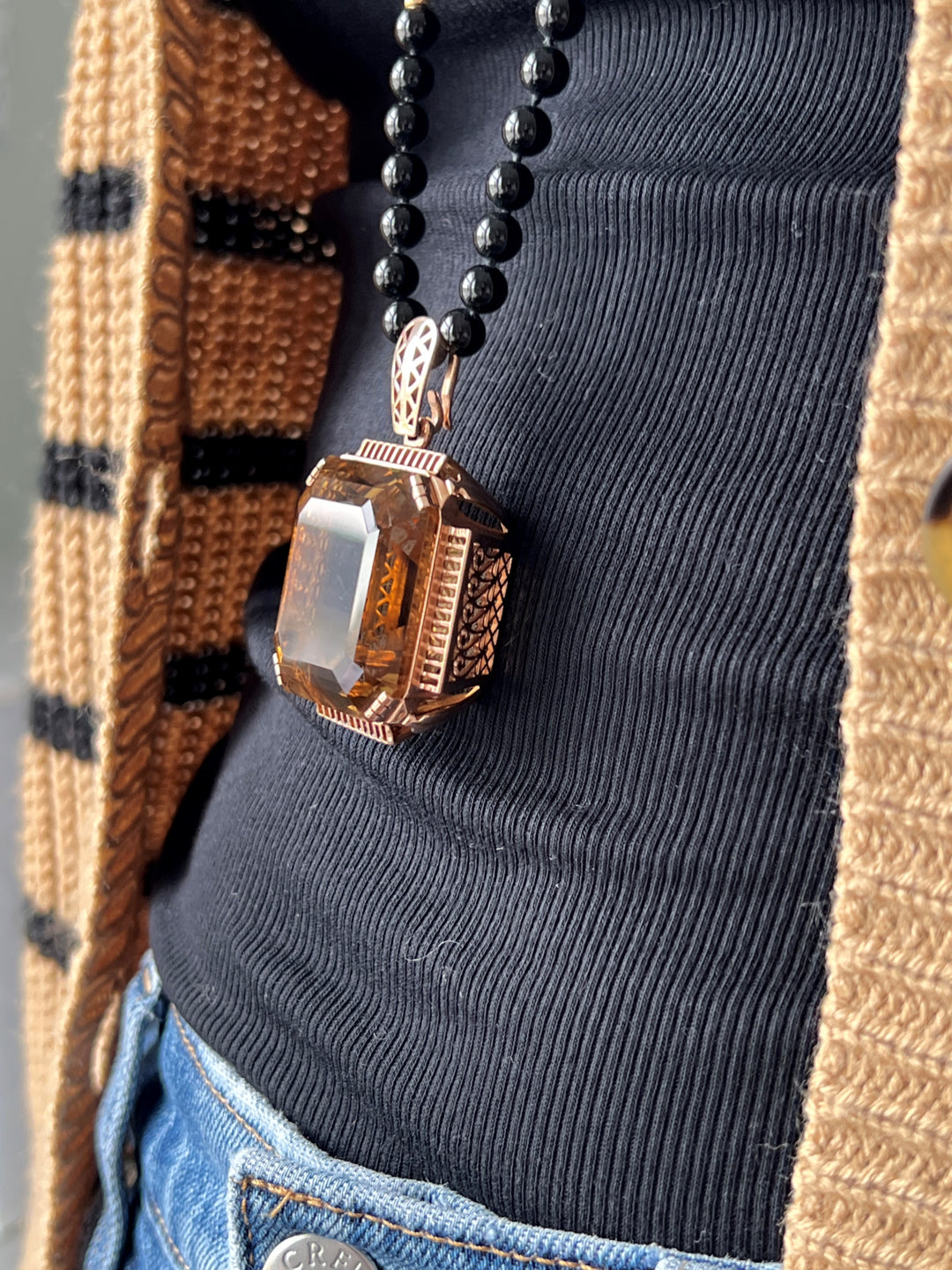 Estate 14K Rose Gold 123.24CT Emerald-Cut Citrine Scrollwork Retro Pendant