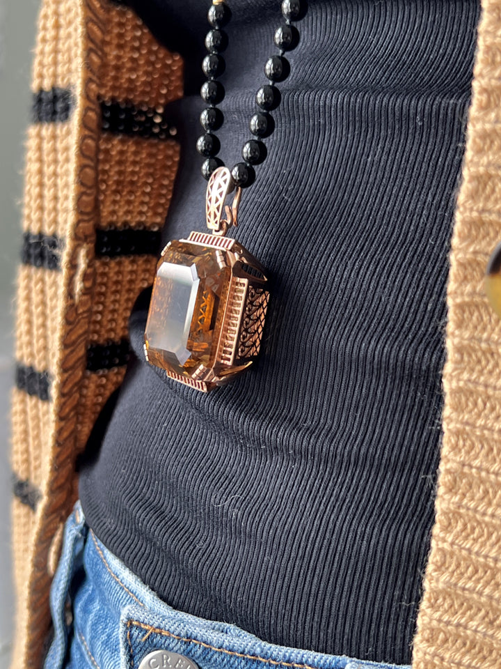 Estate 14K Rose Gold 123.24CT Emerald-Cut Citrine Scrollwork Retro Pendant