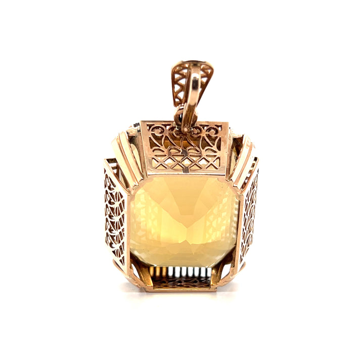 Estate 14K Rose Gold 123.24CT Emerald-Cut Citrine Scrollwork Retro Pendant