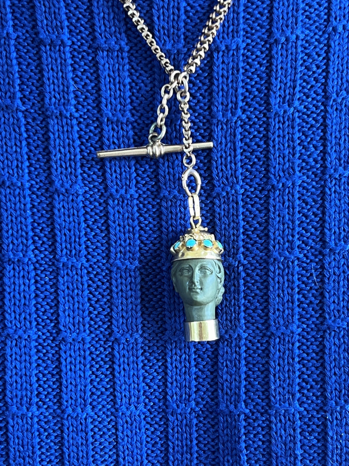 Estate 18K Yellow Gold Turquoise & Natural Stone Carved Grecian Queen Pendant