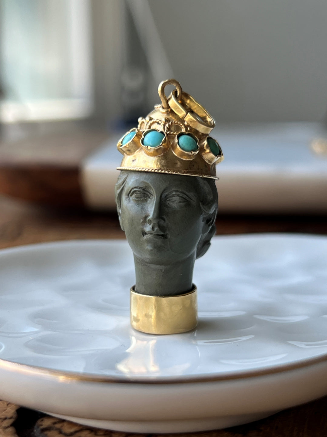 Estate 18K Yellow Gold Turquoise & Natural Stone Carved Grecian Queen Pendant